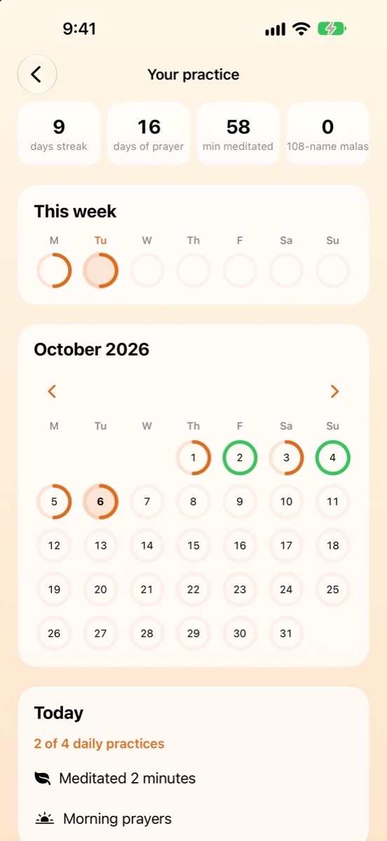 Your practice: streak, minutes meditated and calendar