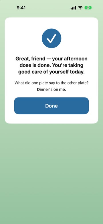 After logging: a check mark, a kind message, and a joke