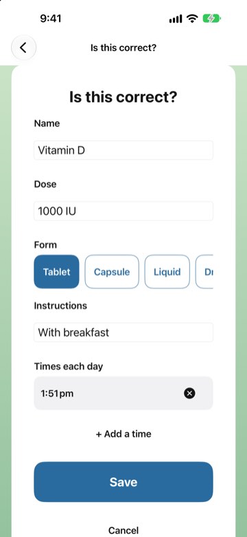 Is this correct? confirmation form with name, dose, form, instructions and times