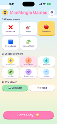 MiniMingle Games home screen showing game, hero, and opponent picker